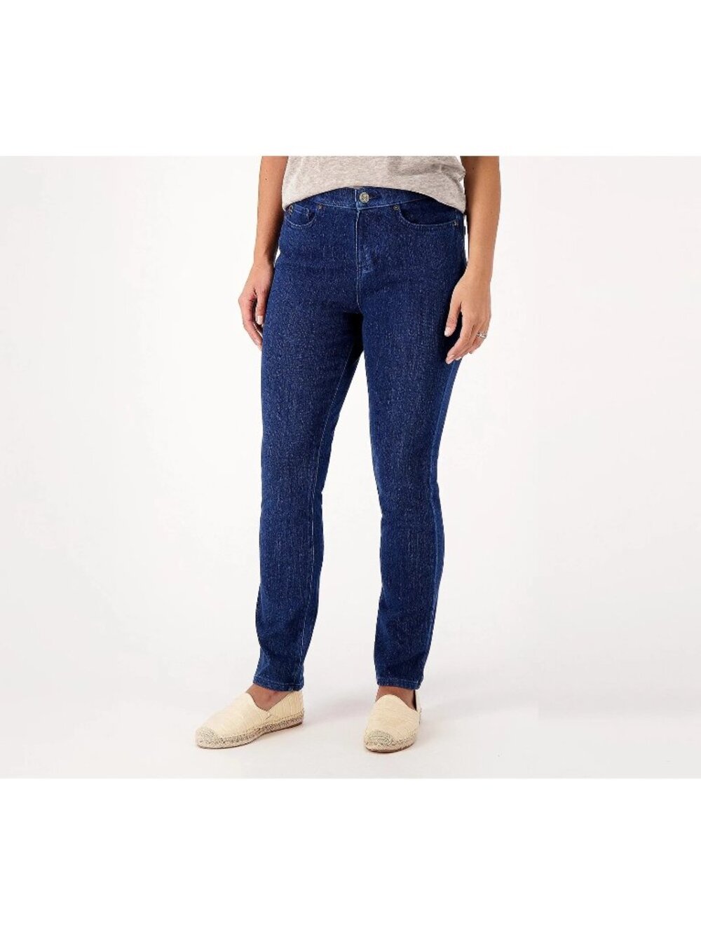 Belle by Kim Gravel Jean Size 32W Petite Flexibelle Rollabelle Dark Wash Blue